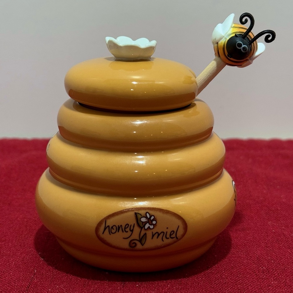 H Miel Ceramic Beehive Mini Honey Pot Wooden Bee Honey Dipper Honey Jar & Dipper